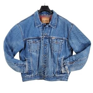 Levis Signature Trucker Jacket Flannel Lined Mens XL Blue Distressed Quilted